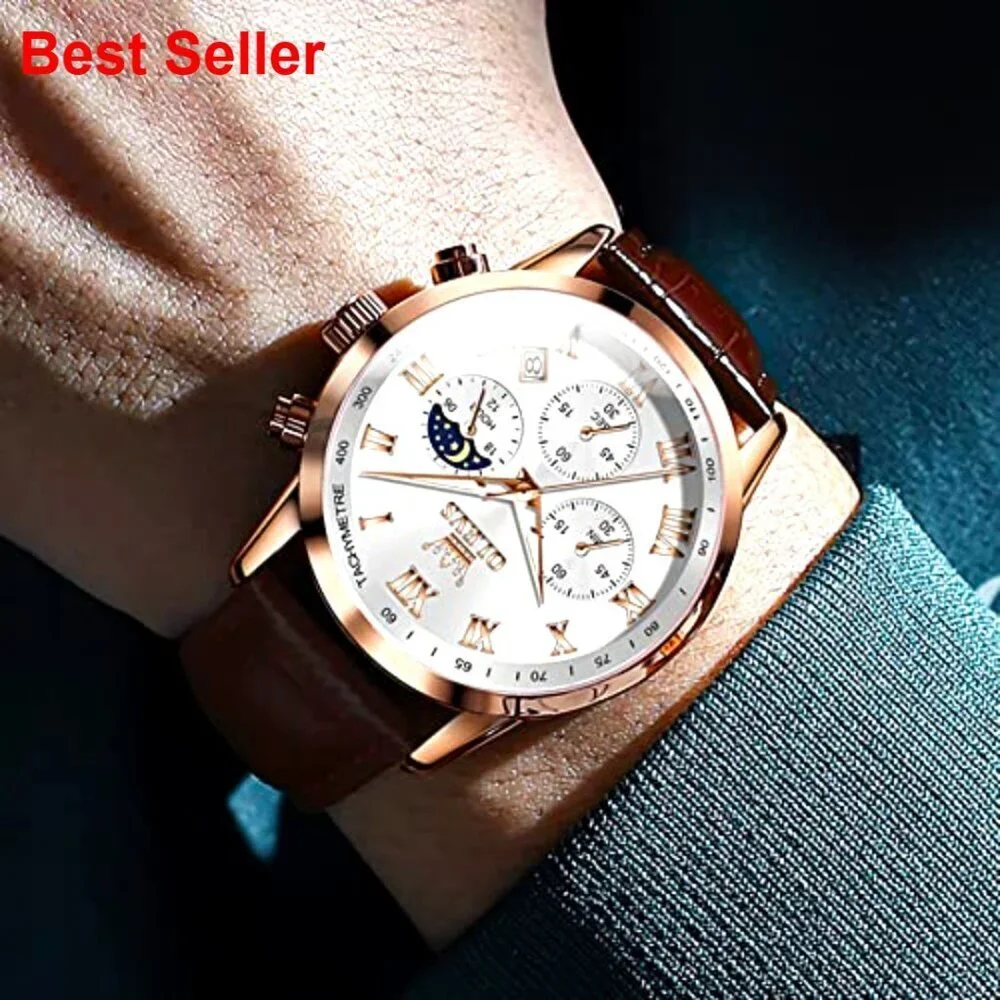 Leather Watch with Date Luminous Dial Stainless Steel Case